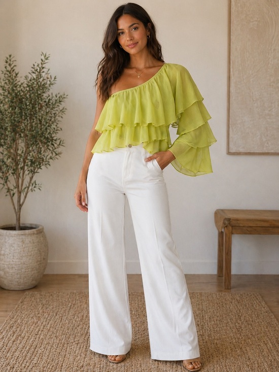 idem ditto Tops - One-Shoulder Lime Ruffle Blouse - Women